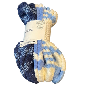 AMAZON ESSENTIALS 4-Pack Fuzzy Non-Slip Grip Bottoms, One Size, Blue white